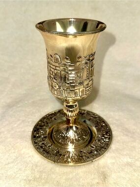 Vintage Jerusalem Kiddush Cup Goblet Saucer Silver Plated Chalice Set